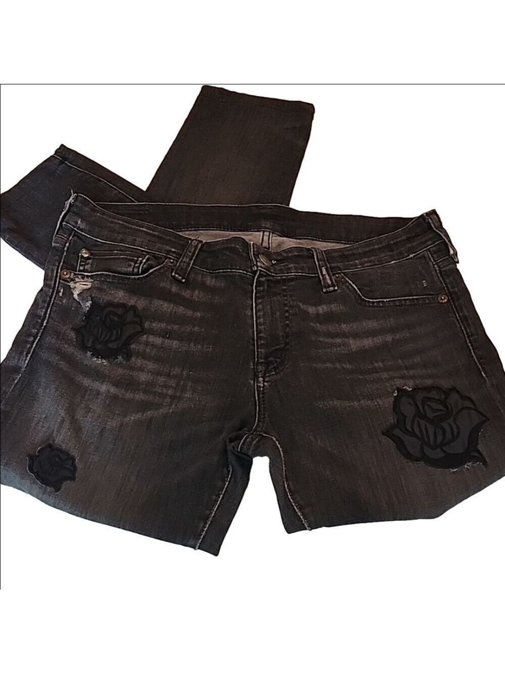 Denim Supply Ralph Lauren Black Skinny Jeans DISTRESSED Black Rose Applique - Picture 2 of 10